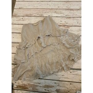 Da-Nang Surplus Indo-Chine Embroidered Lace Tiered Mini Skirt Beige Khaki Small